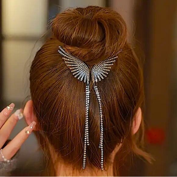 Accessories - Silver Pearl Rhinestone Angel Wing Hair Clip Claw Hair Accessory